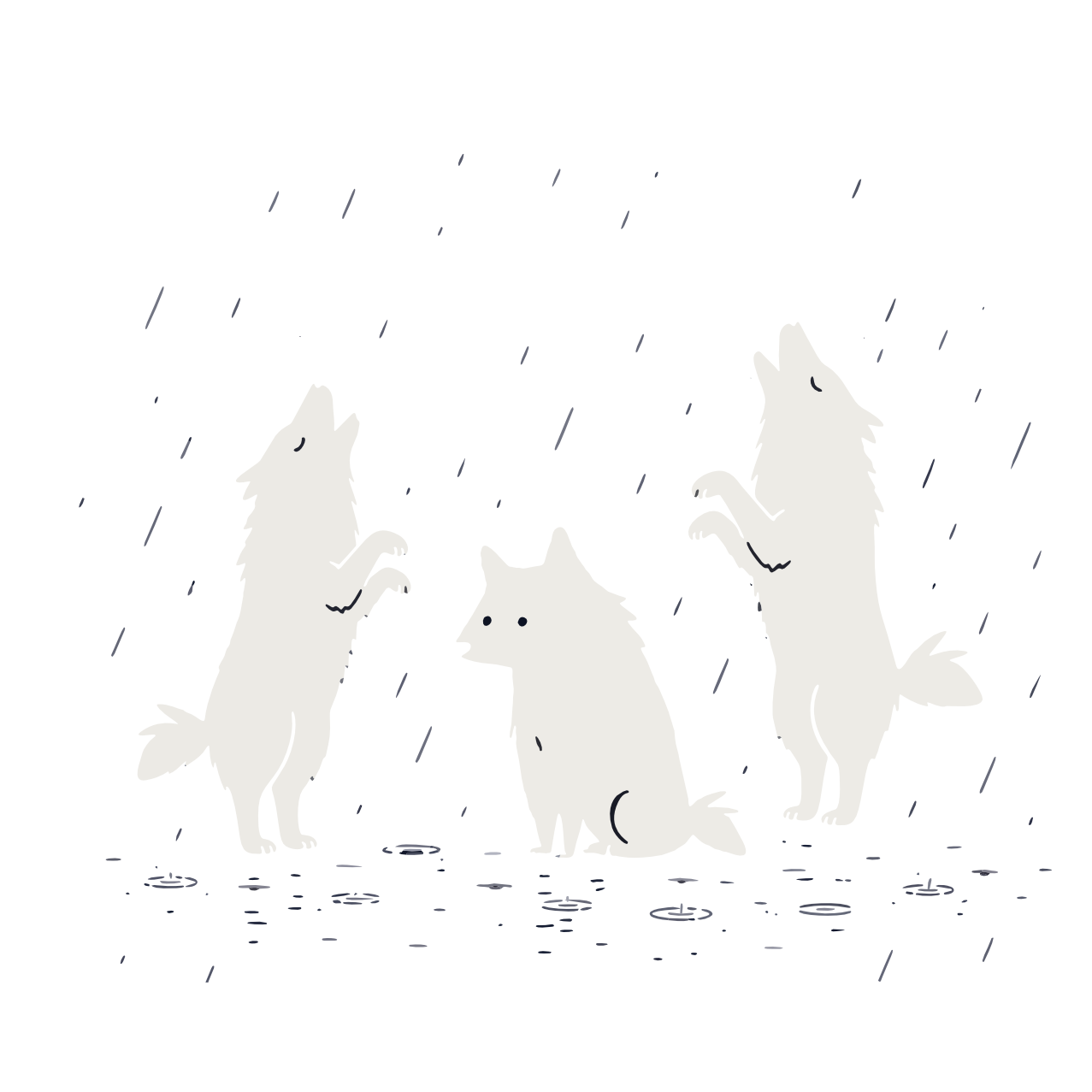 Three illustrated wolves standing in the rain